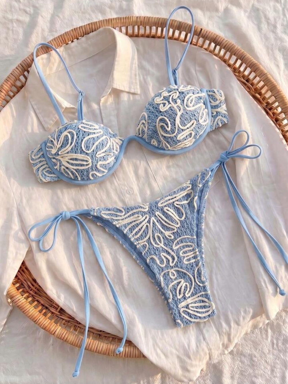 Light Blue Embroidered Tie-Side Bikini Set